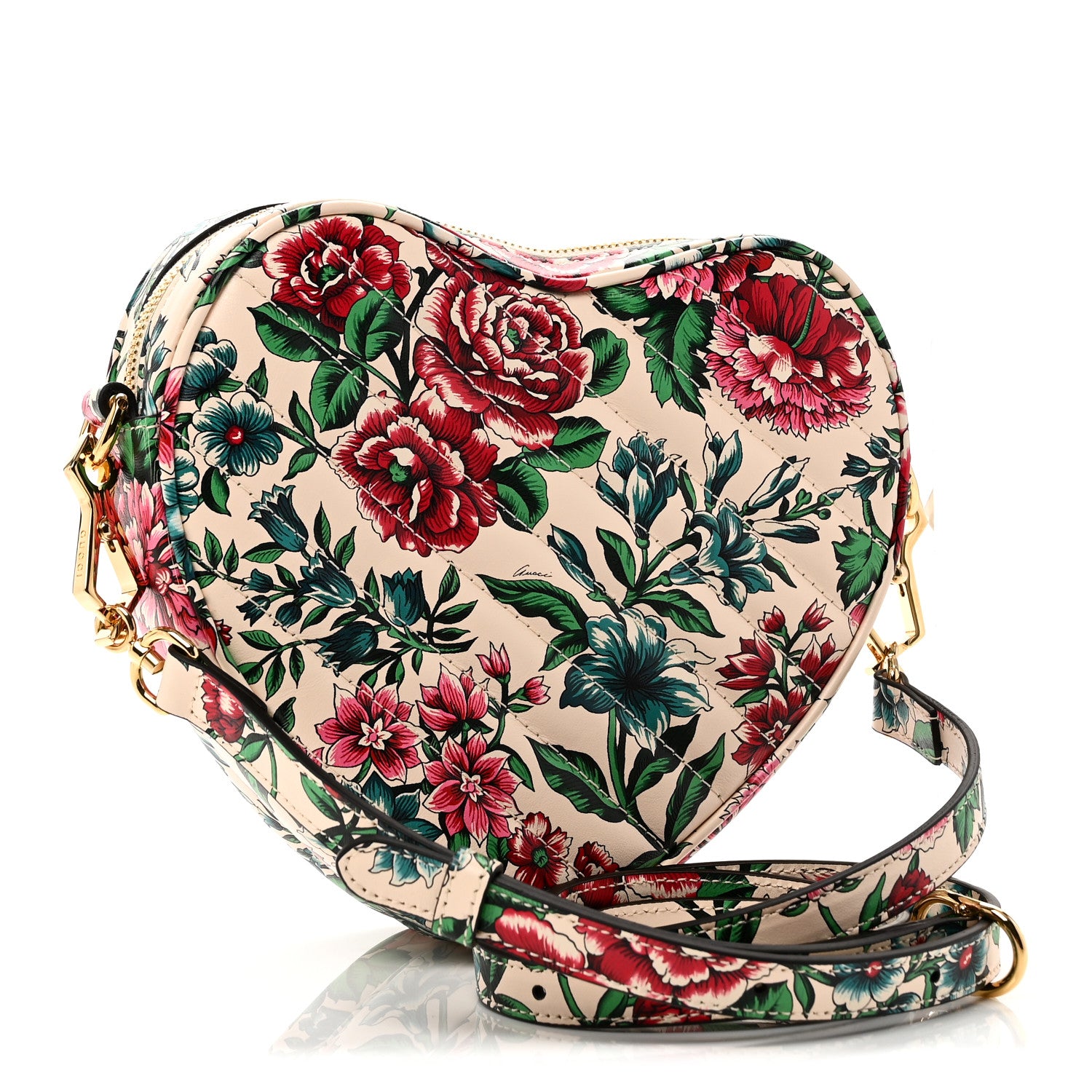 Gucci Calfskin Matelasse Diagonal Brit Roses Print Mini Interlocking G Heart Shoulder Bag  White Multicolor 3 of 12