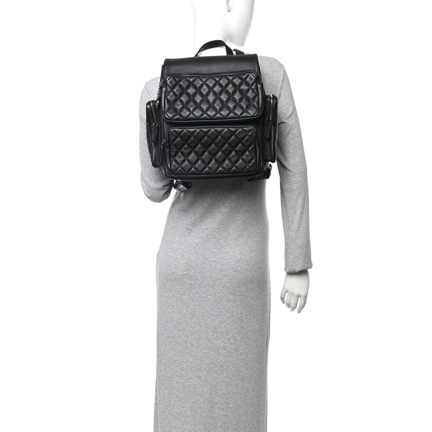 Grained Calfskin Quilted Large Casual Rock Backpack Black