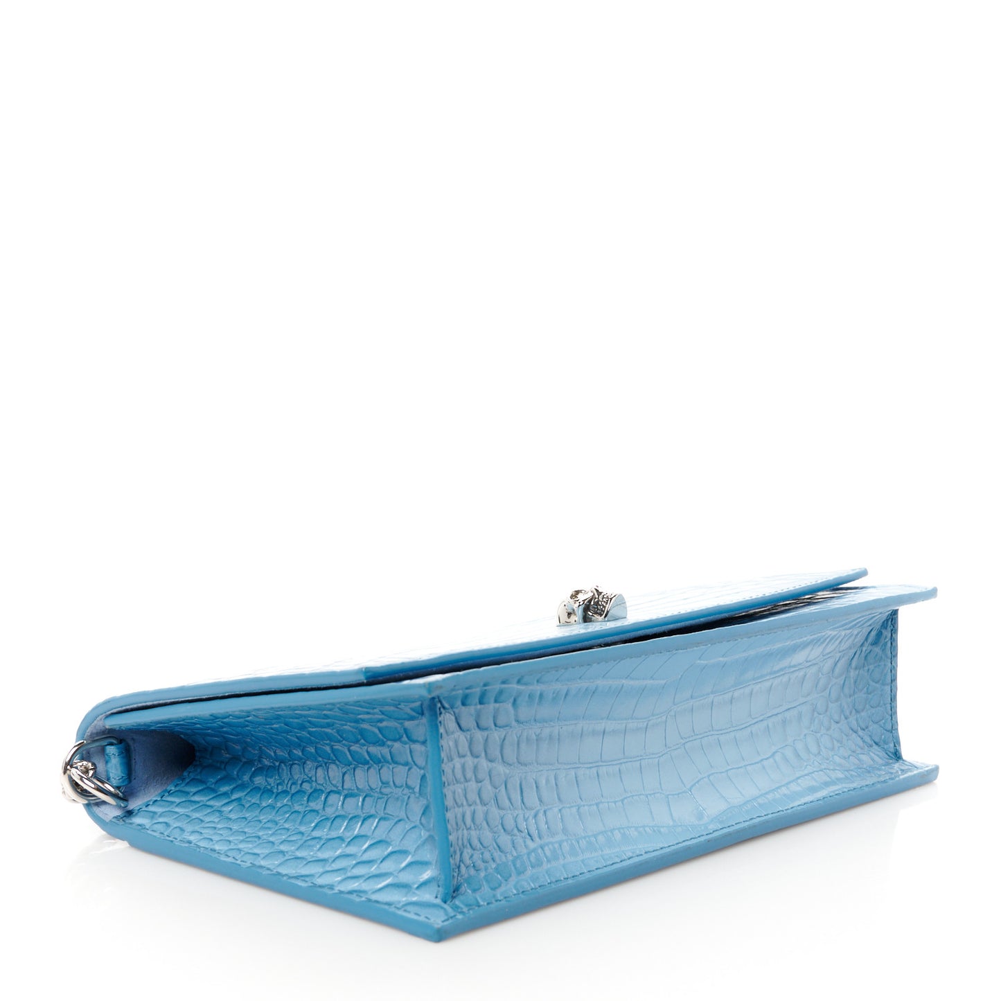 Calfskin Crocodile Embossed Medium Skull Top Handle Bag Blue