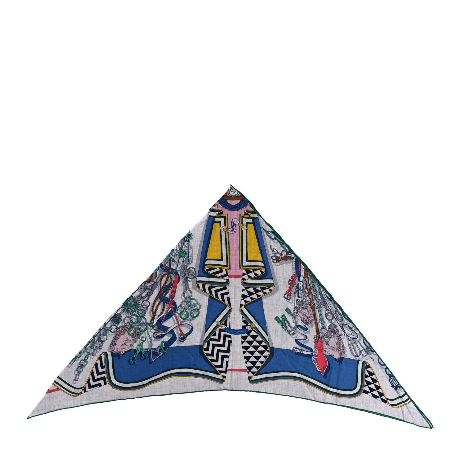 Hermes Cashmere Silk Boquets Sellier Giant Pointe Triangle Shawl Gris Chine Bleu Vert 1 of 3