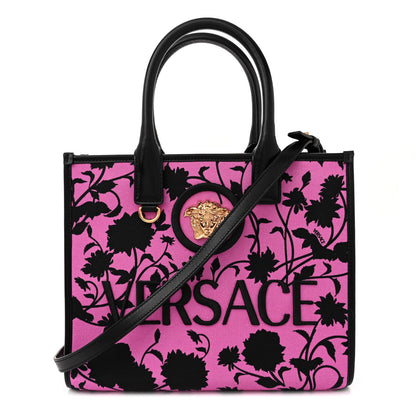Versace Calfskin Cotton Floral Printed La Medusa Book Tote Black Water Lily 1 of 13