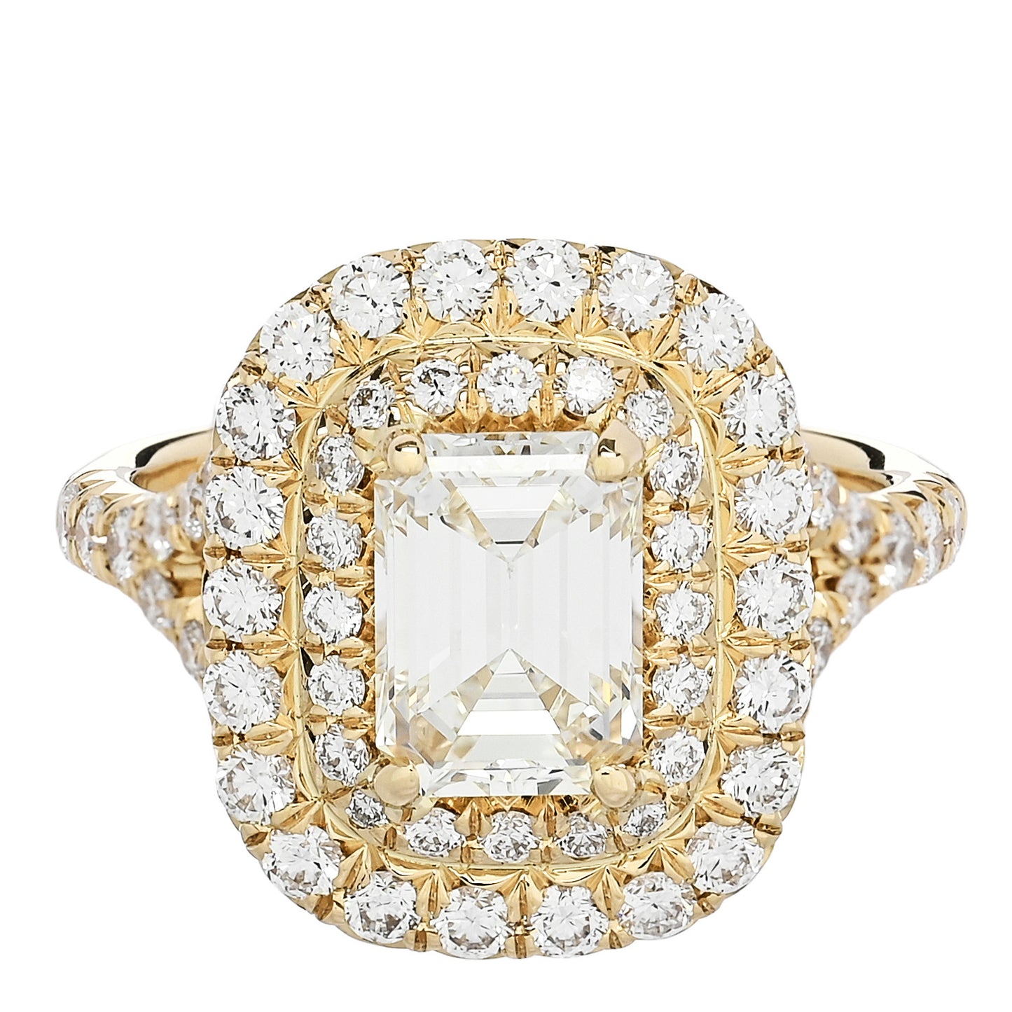 18K Yellow Gold Diamond 1.29ct Emerald Cut Double Halo Pave Engagement Ring 50 5.25