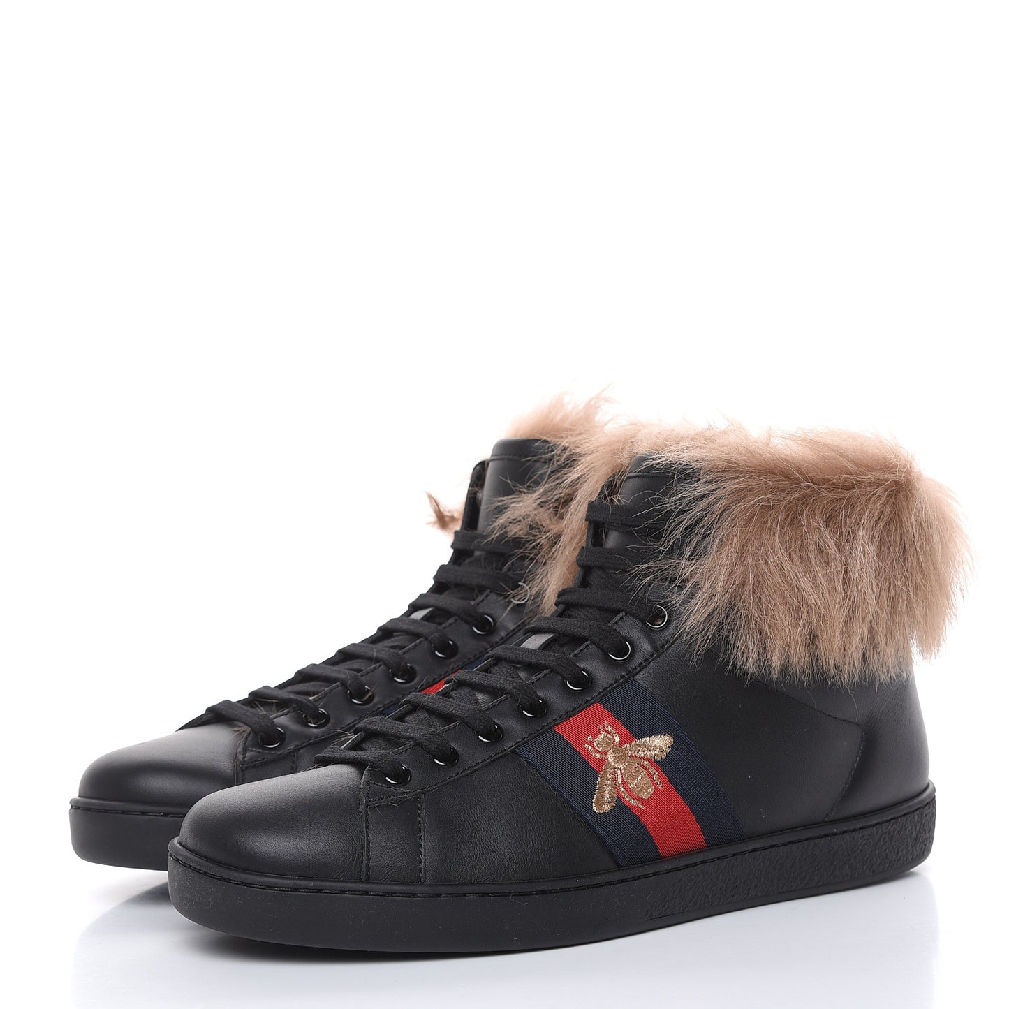 Calfskin Wool Web Bee Embroidered Mens Ace High Top Sneakers 7 Black