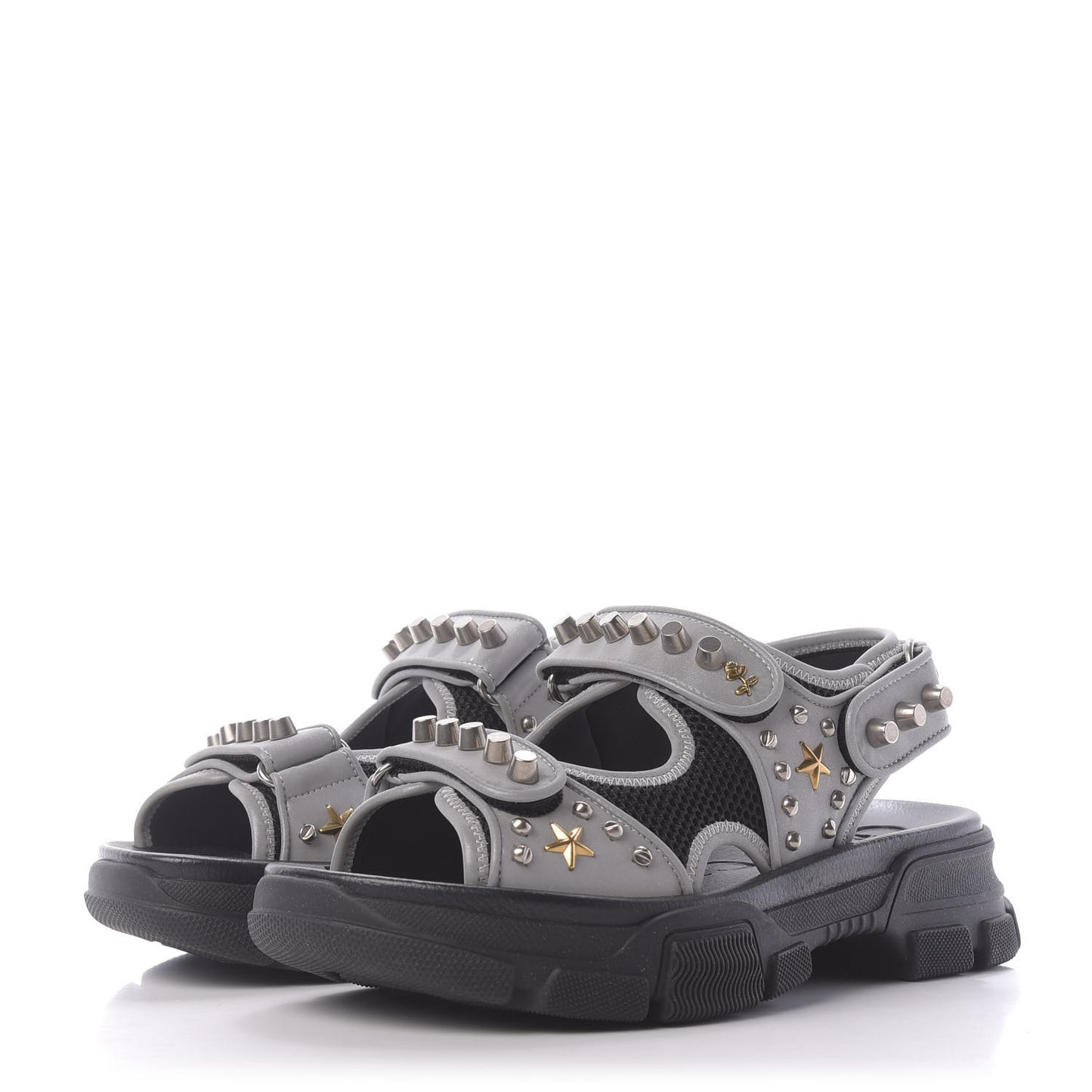 Technical Canvas Calfskin Reflective Studded Mens Aguru Sandals 6 Silver Black