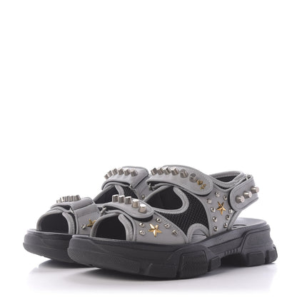 Gucci Technical Canvas Calfskin Reflective Studded Mens Aguru Sandals 6 Silver Black 3 of 9