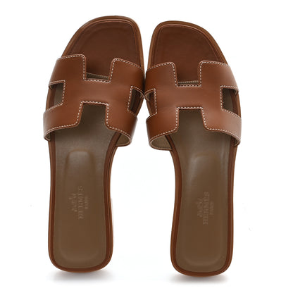 Hermes Box Calfskin Oran Sandals 37 Gold 2 of 9