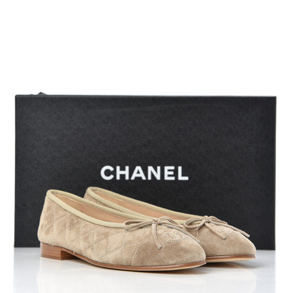 Chanel Suede Calfskin Quilted Cap Toe CC Ballerina Flats 35.5 Beige 9 of 9