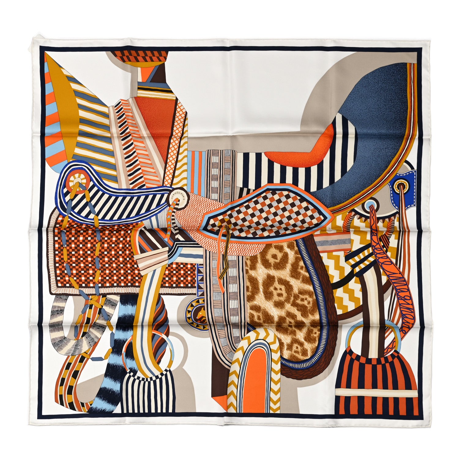 Hermes Silk La Selle Imaginaire Scarf 90 White Bleu Brune 1 of 5