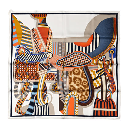 Hermes Silk La Selle Imaginaire Scarf 90 White Bleu Brune 1 of 5