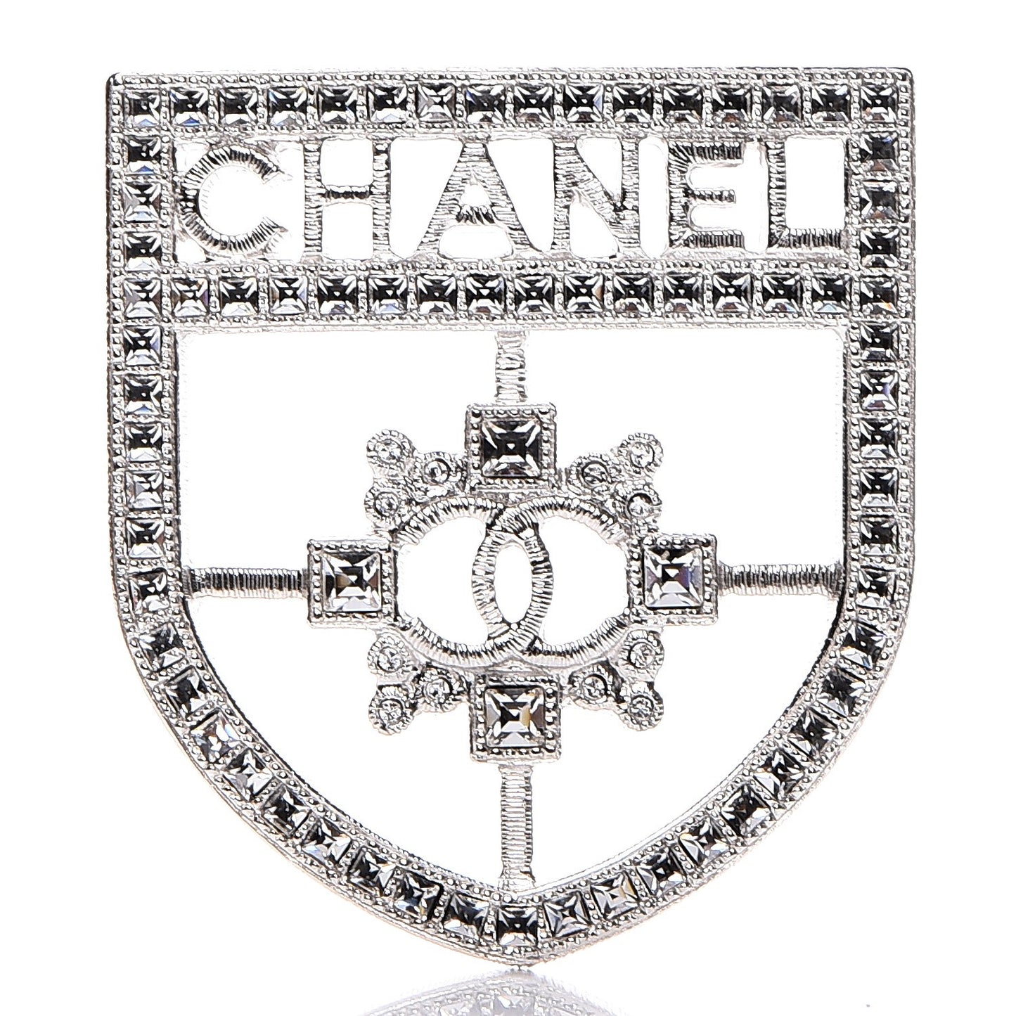 Swarovski Baguette Crystal CC Shield Brooch Silver
