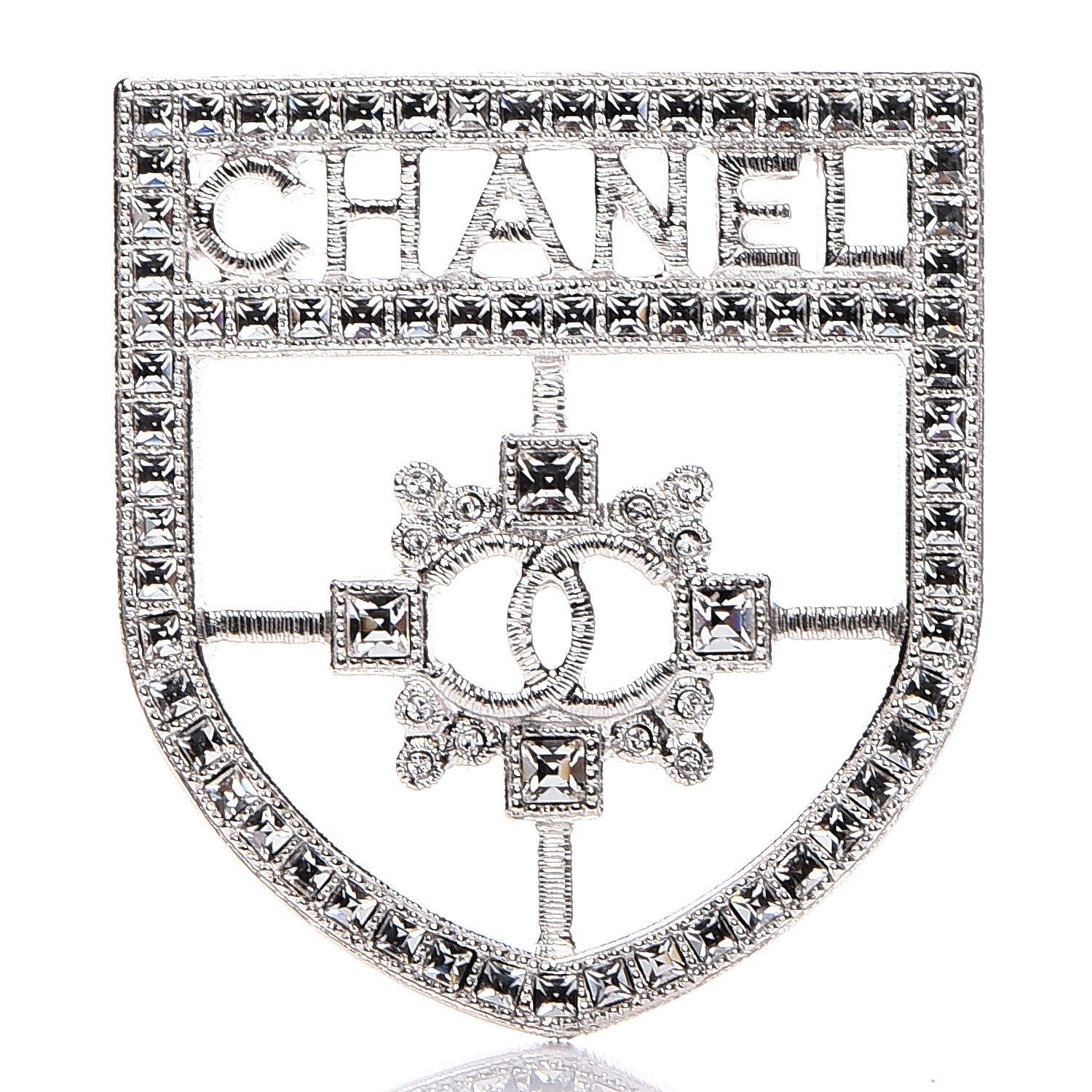 Chanel Swarovski Baguette Crystal CC Shield Brooch Silver 1 of 5