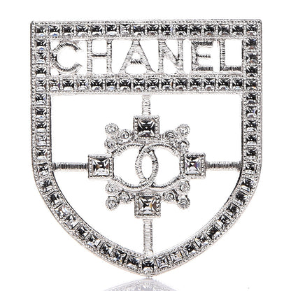 Chanel Swarovski Baguette Crystal CC Shield Brooch Silver 1 of 5