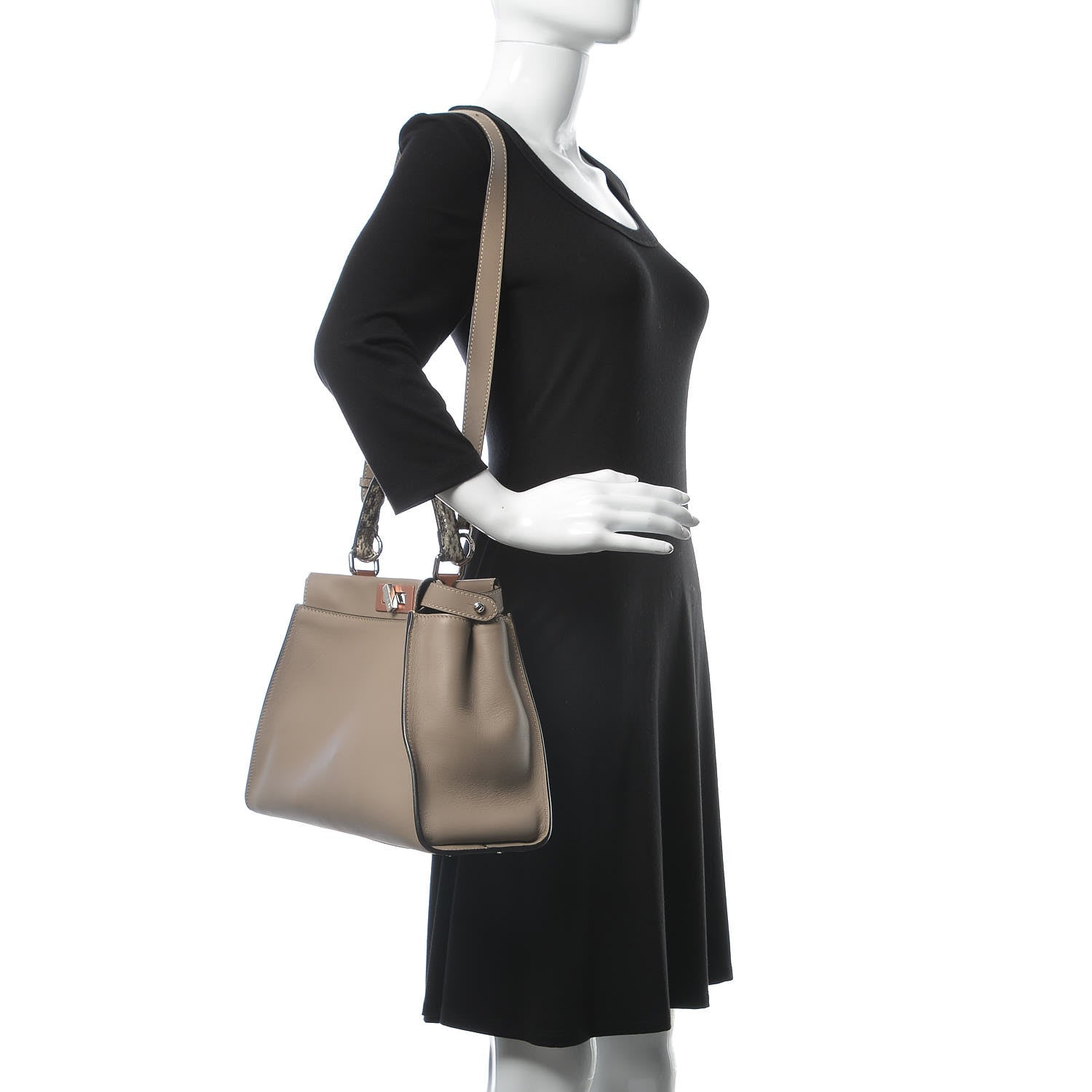 Fendi Vitello Seta Shiny Nappa Elaphe Medium Peekaboo Iconic Satchel Tortora Natural Ebano 2 of 10