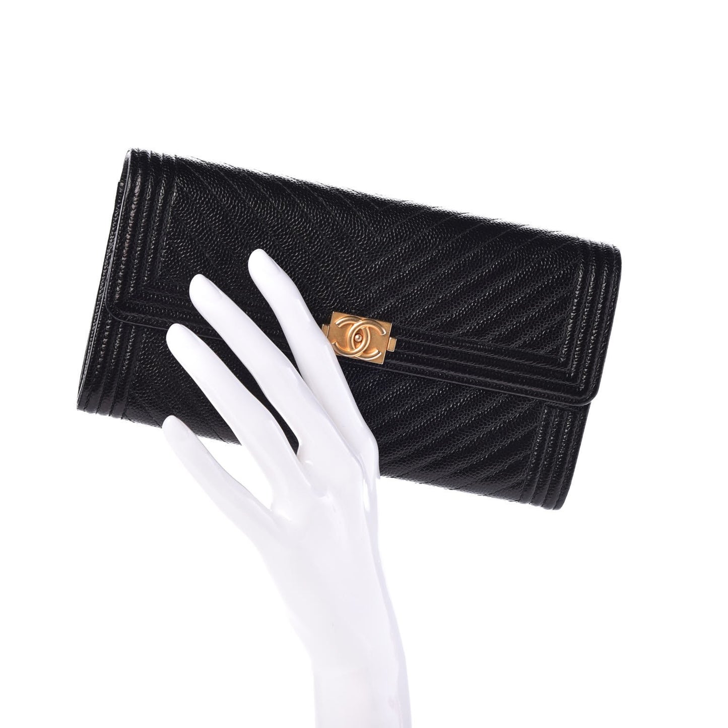 Caviar Chevron Quilted Boy Flap Wallet Black