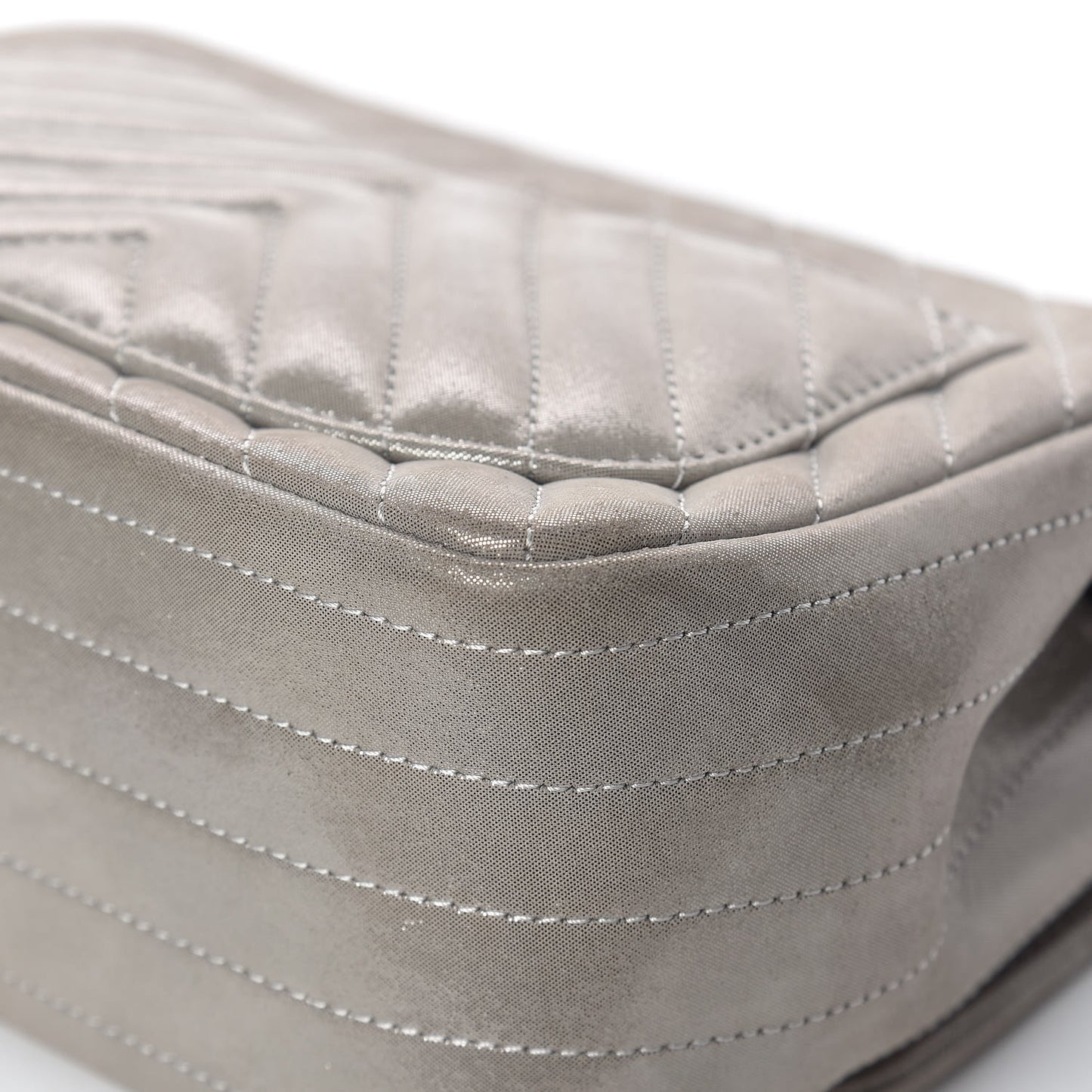 Iridescent Calfskin Chevron Quilted Mini Square Flap Silver