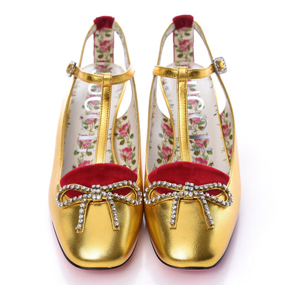 Gucci Metallic Nappa Velvet Crystal Bow Anita Pumps 39.5 Gold 5 of 11