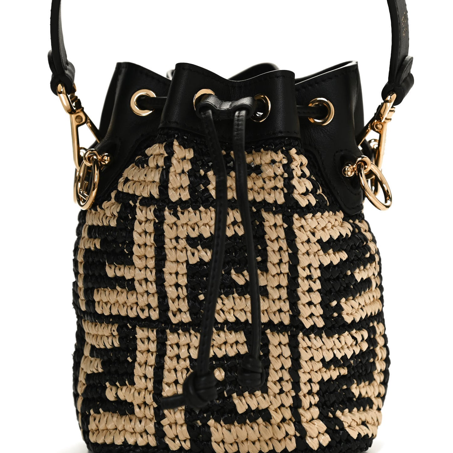 Raffia Vitello Seta F is Fendi FF Woven Mini Mon Tresor Bucket Bag Black Natural