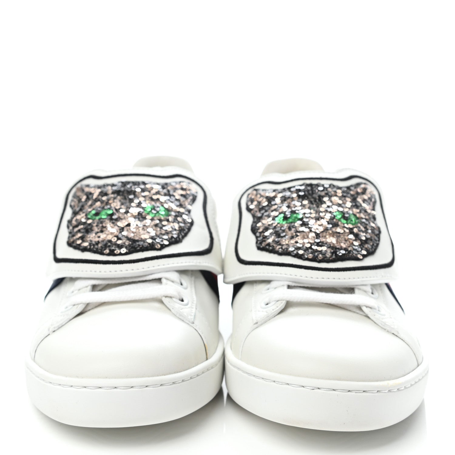 Gucci Calfskin Sequins Web Cat Womens Ace Sneakers 38 White 2 of 8