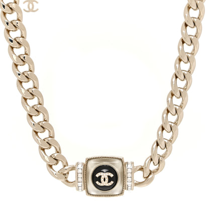 Chanel Metal Glass Pearl Strass CC Pendant Necklace Black Gold 1 of 6