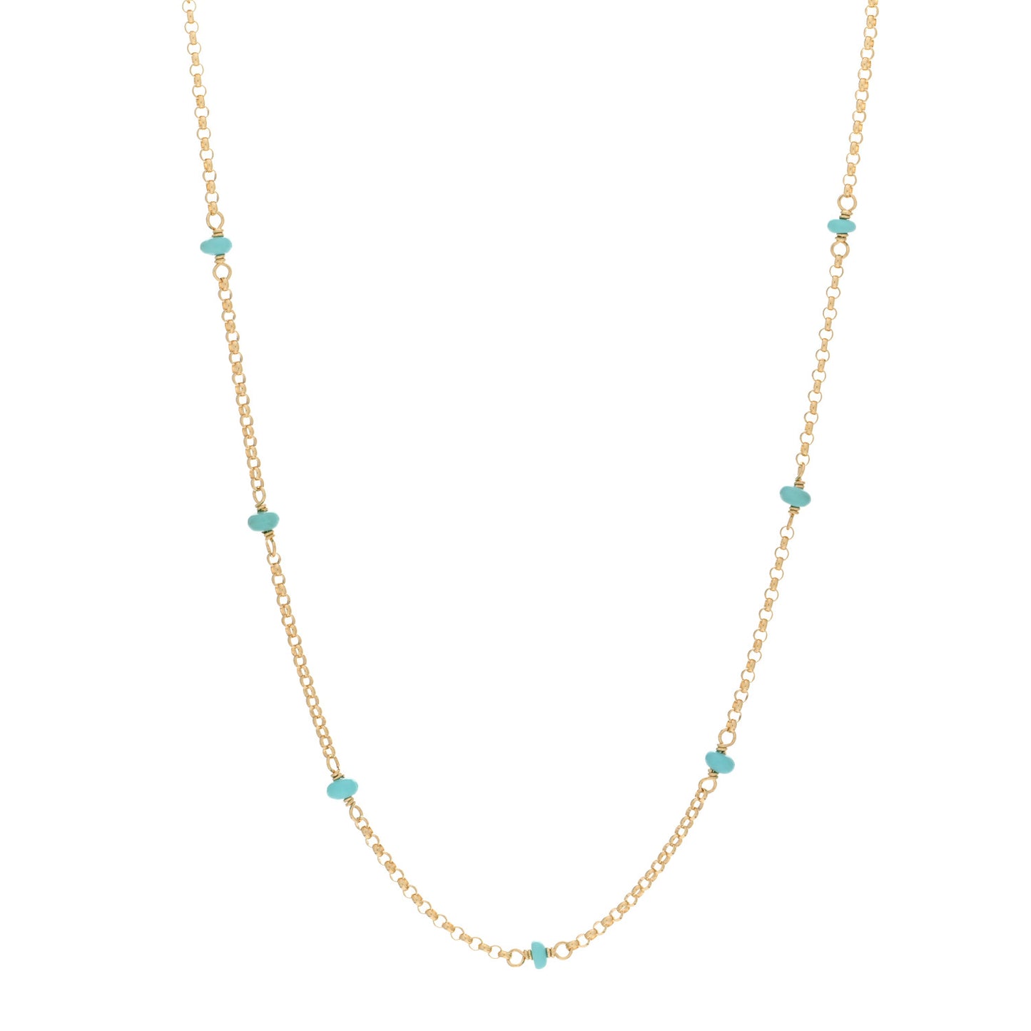 18K Yellow Gold Turquoise Cable Collectibles Bead Station Necklace 22"