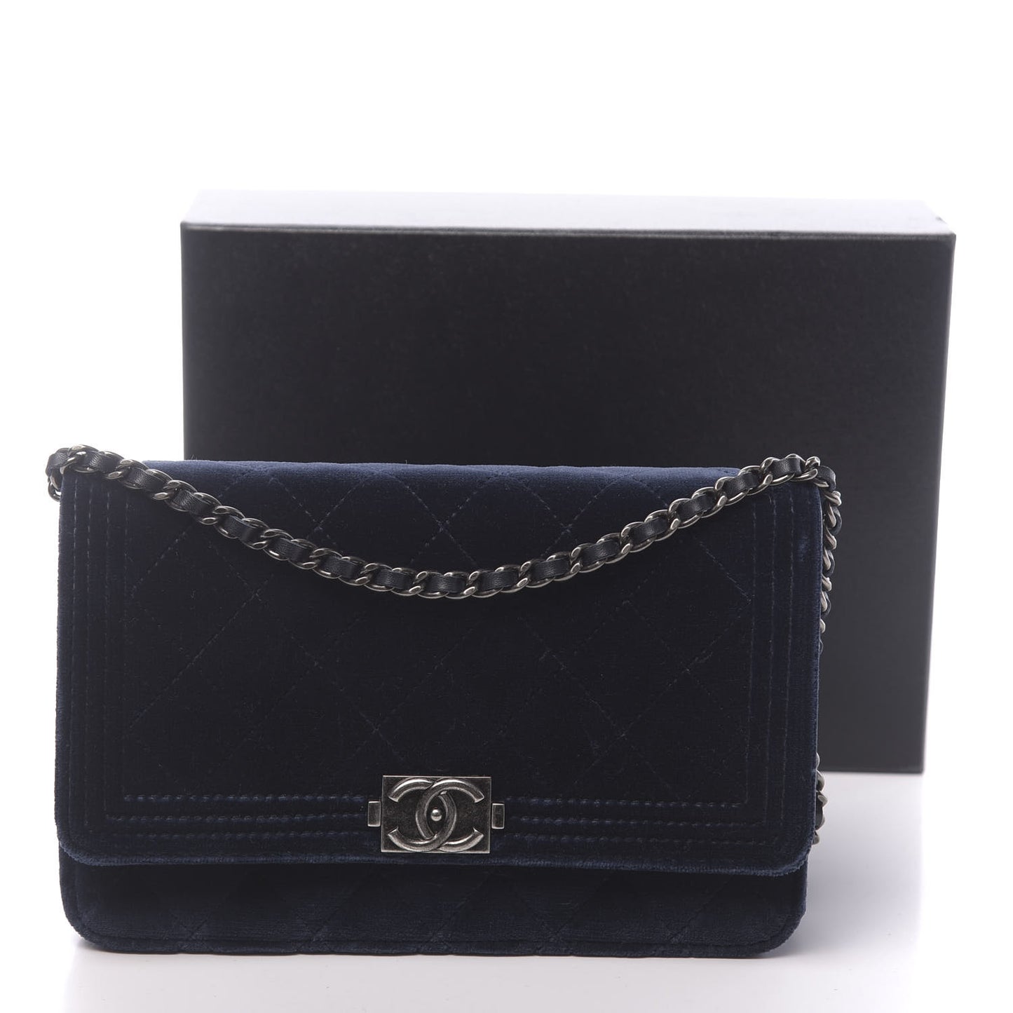 Velvet Quilted Boy Wallet On Chain WOC Navy