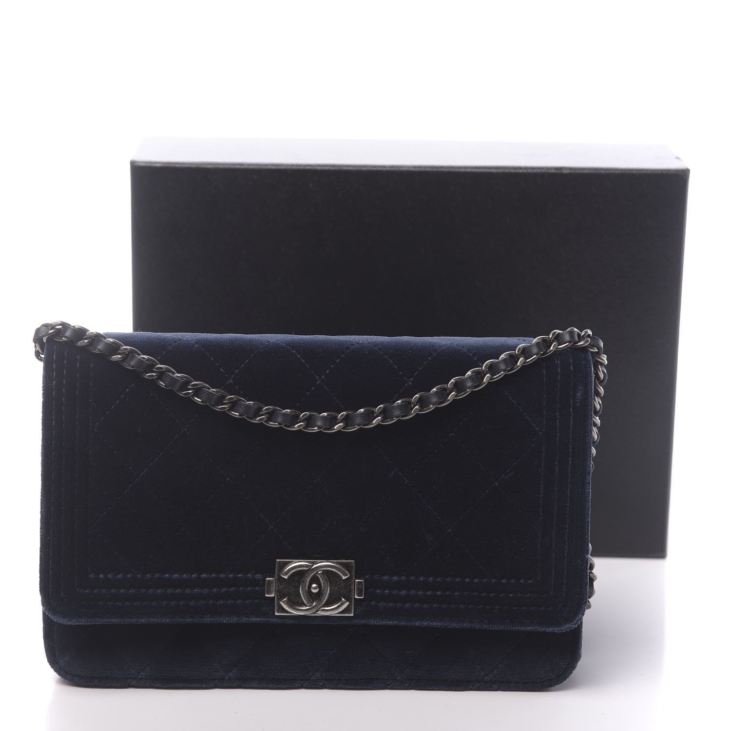 Chanel Velvet Quilted Boy Wallet On Chain WOC Navy 14 of 14