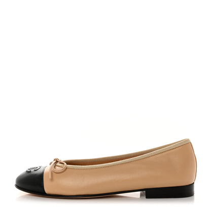 Chanel Lambskin Cap Toe CC Ballerina Flats 36 Beige Black 1 of 10
