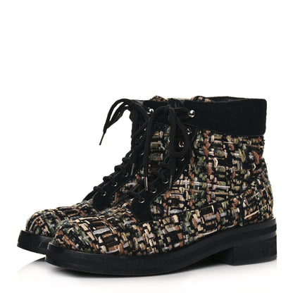 Chanel Tweed Lace Up Short Boots 38.5 Green Brown Black 3 of 7