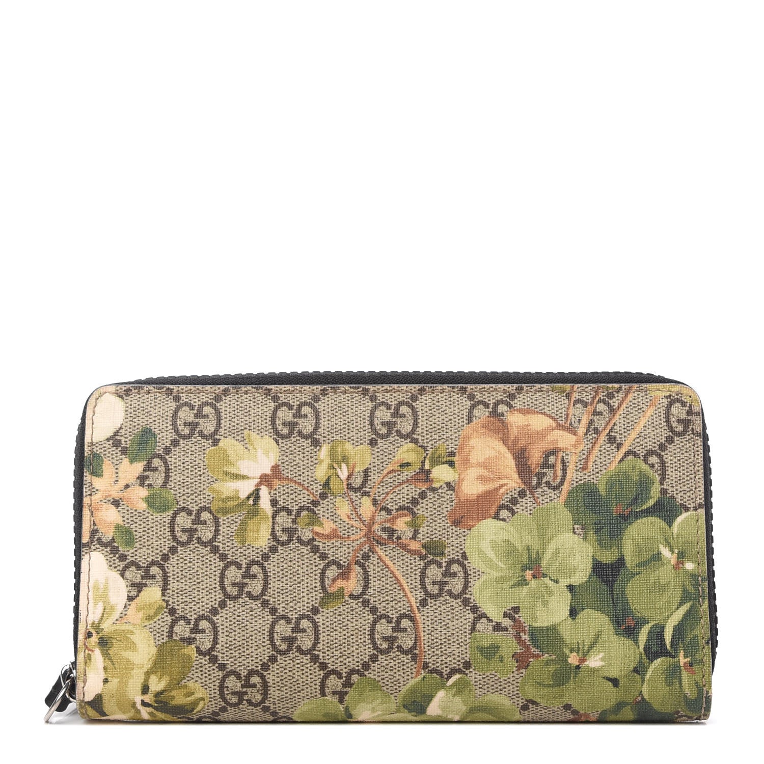 Gucci GG Supreme Monogram Blooms Zip Around Wallet Beige New Military Black 1 of 7