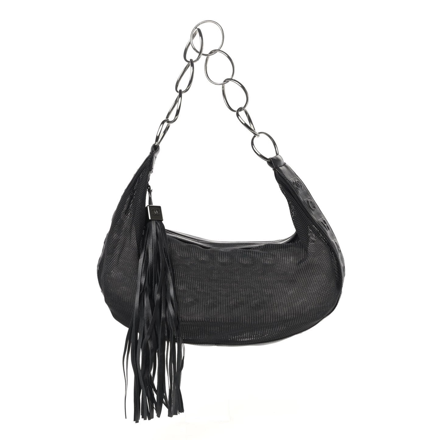 Mesh Calfskin Sport Tassel Hobo Black