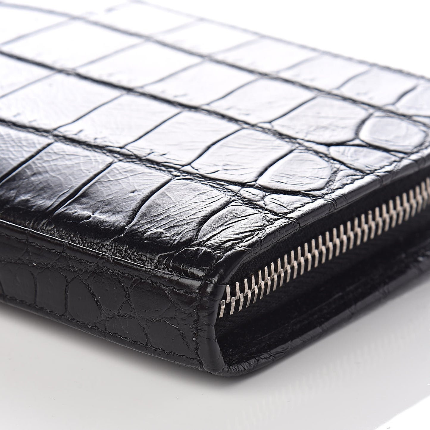 Calfskin Crocodile Embossed Classic Zip Around Continental Wallet Black