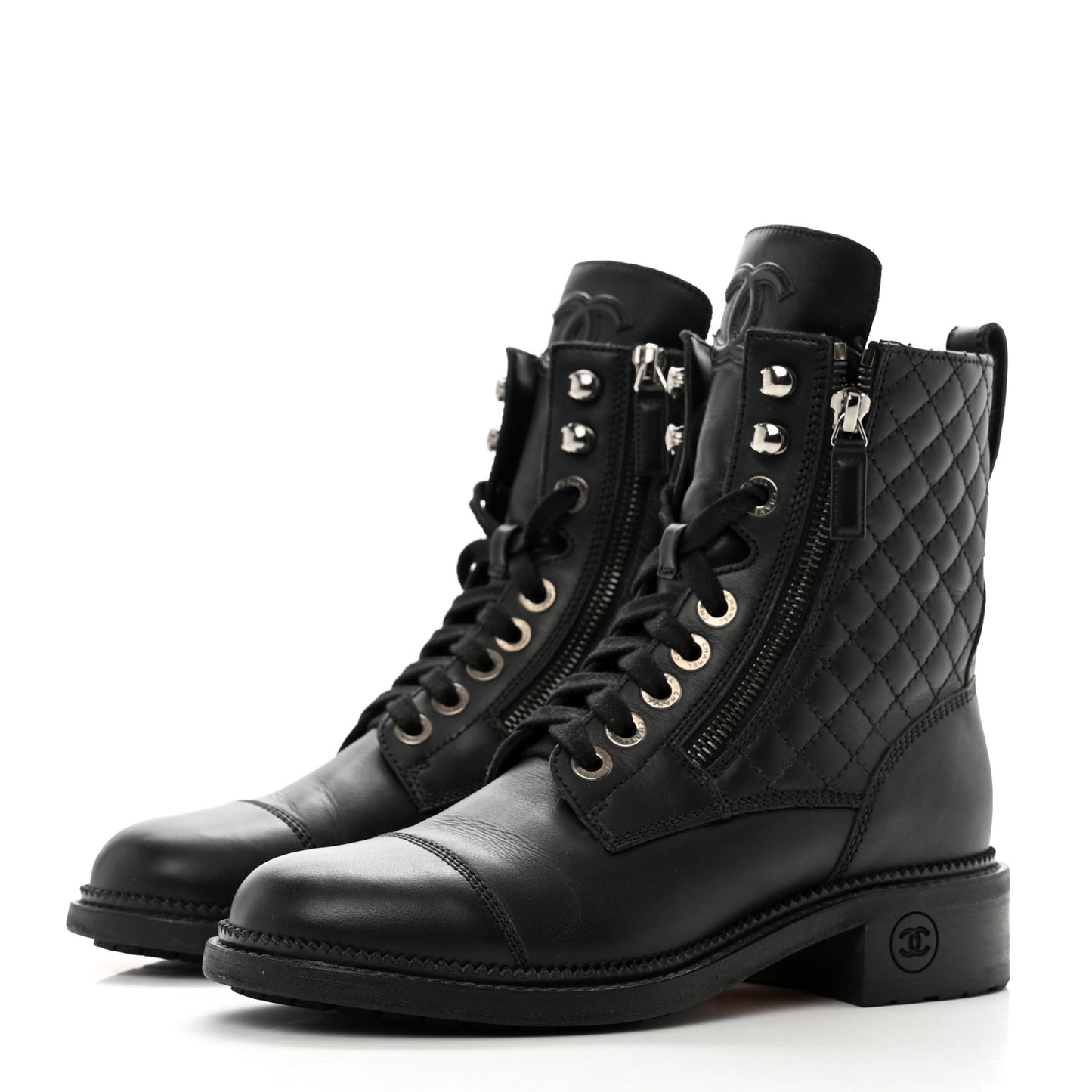 Calfskin Quilted Lace Up Combat Boots 37 Black