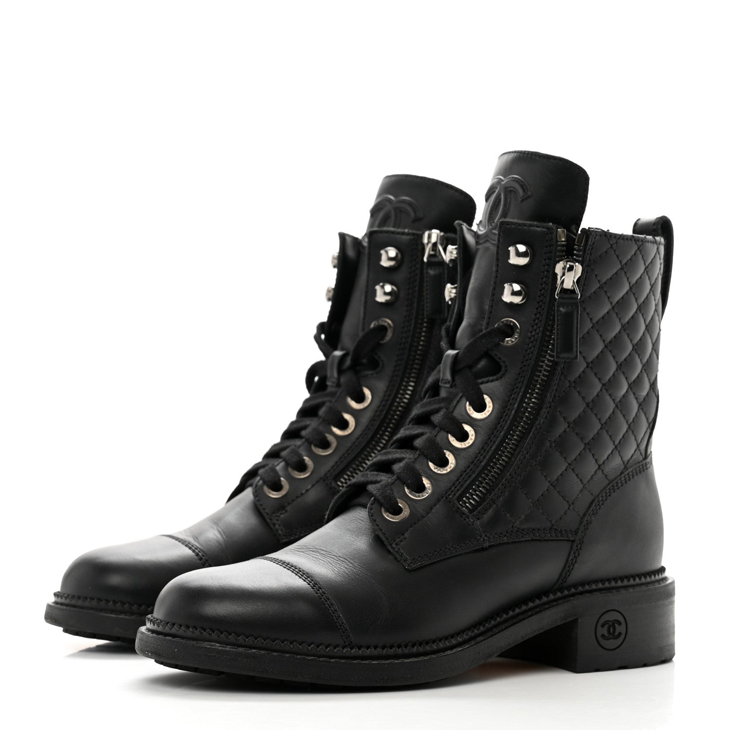 Chanel Calfskin Quilted Lace Up Combat Boots 37 Black 3 of 10