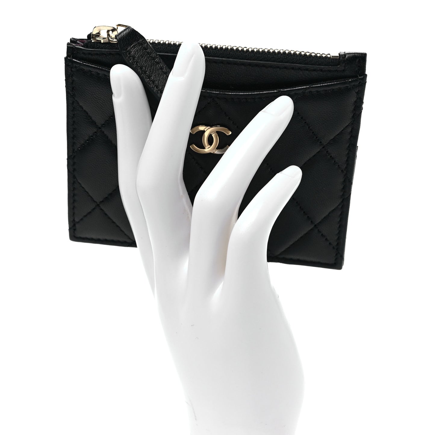 Lambskin Quilted CC Zip Card Holder Black