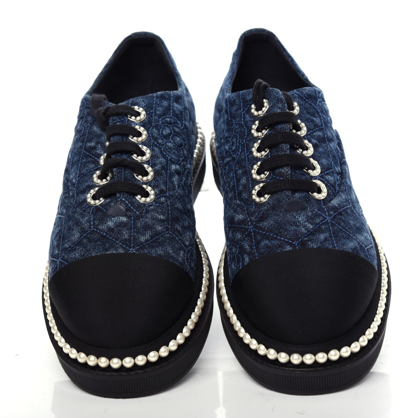 Denim Grosgrain Camellia Pearl Lace Up Sneakers 37 Blue Black