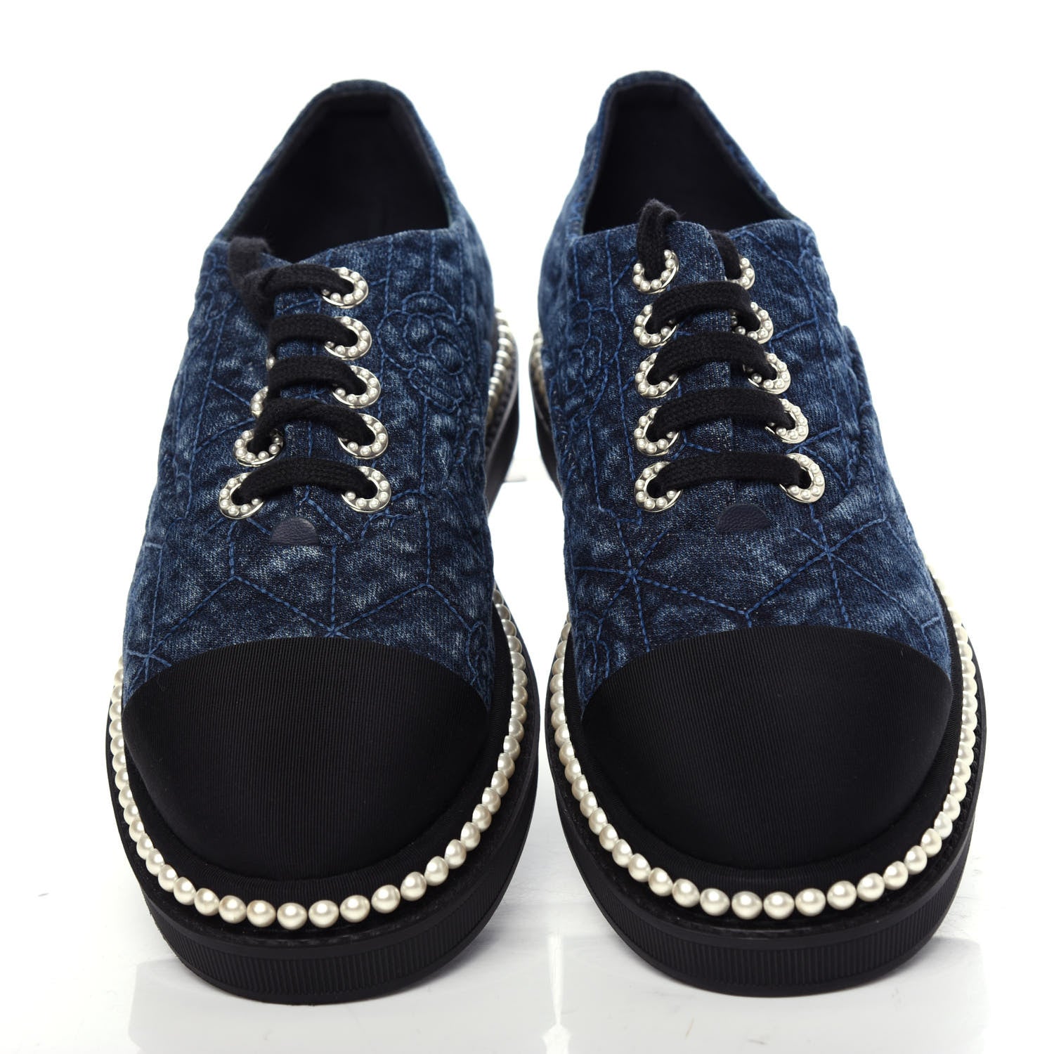 Chanel Denim Grosgrain Camellia Pearl Lace Up Sneakers 37 Blue Black 5 of 10