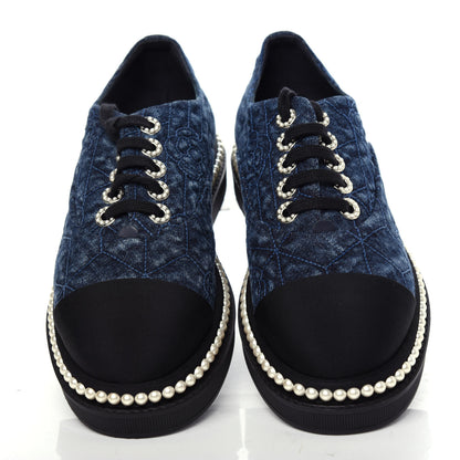 Chanel Denim Grosgrain Camellia Pearl Lace Up Sneakers 37 Blue Black 5 of 10
