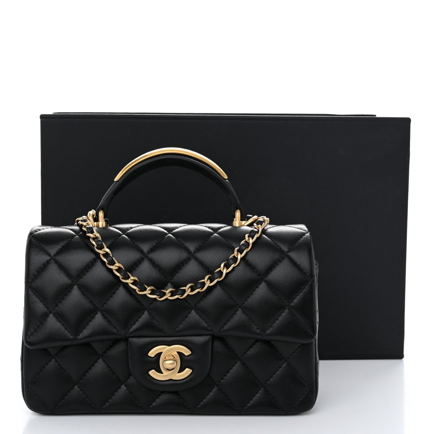 Lambskin Quilted Metal Mini Top Handle Rectangular Flap Black