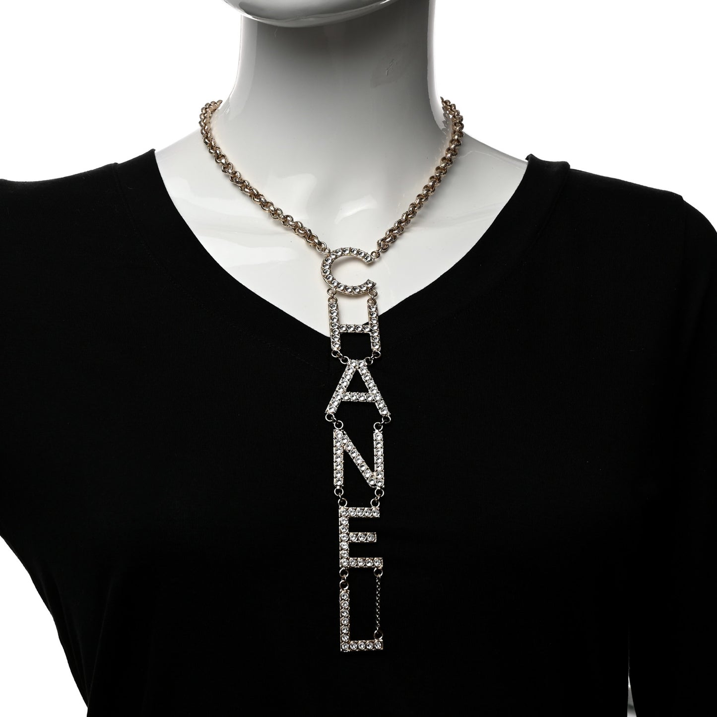 Metal Crystal Cha-Nel Logo Necklace Gold
