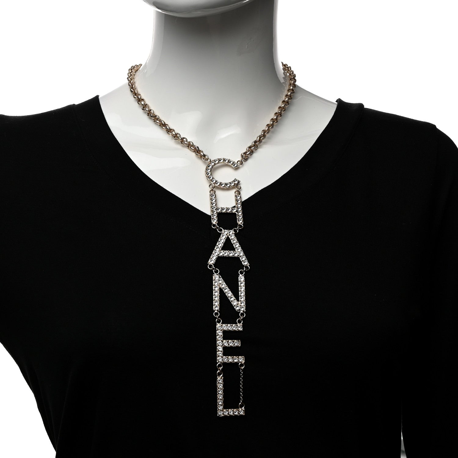 Chanel Metal Crystal Cha-Nel Logo Necklace Gold 2 of 5