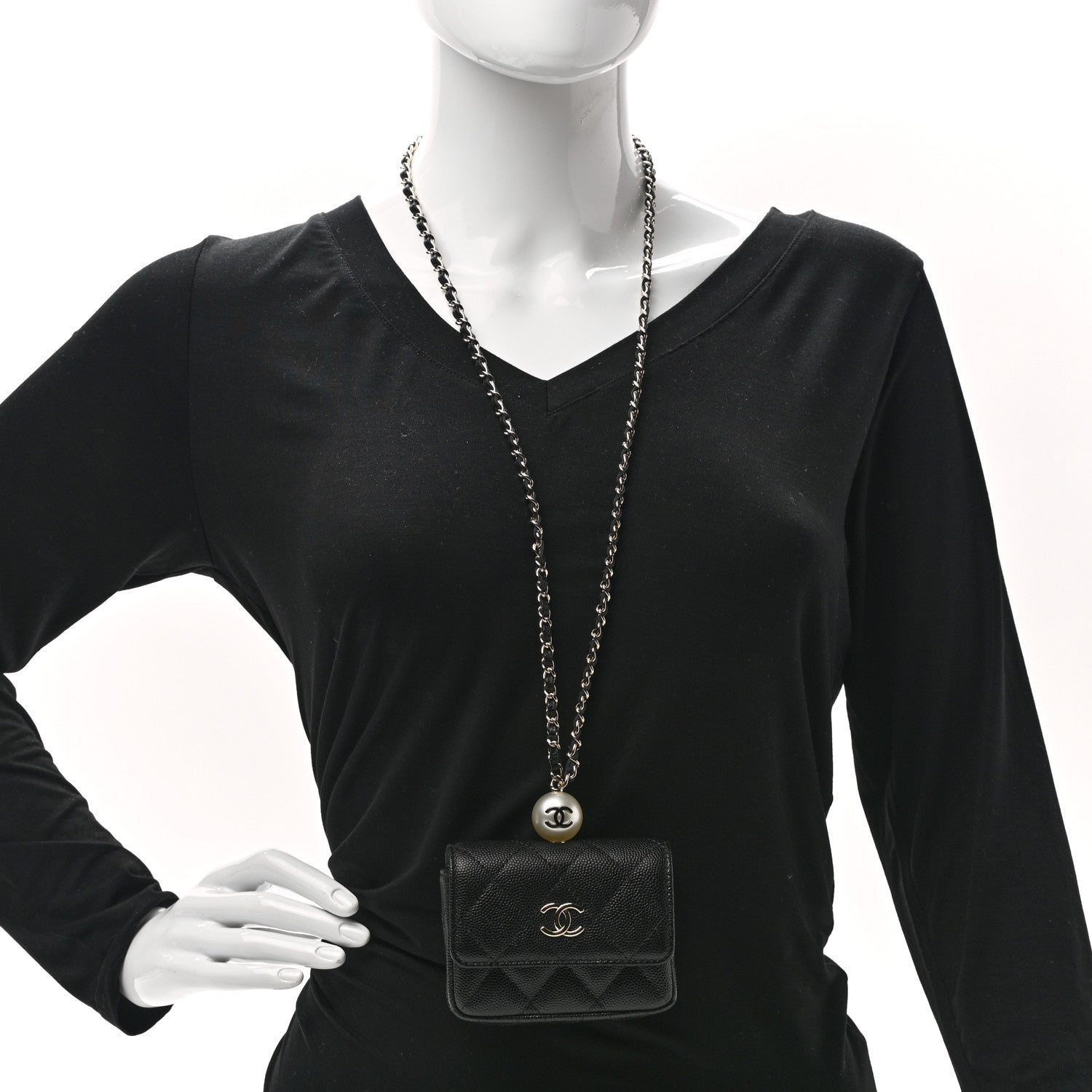 Chanel Caviar Quilted Pearl Card Holder On Chain Black 2 of 8