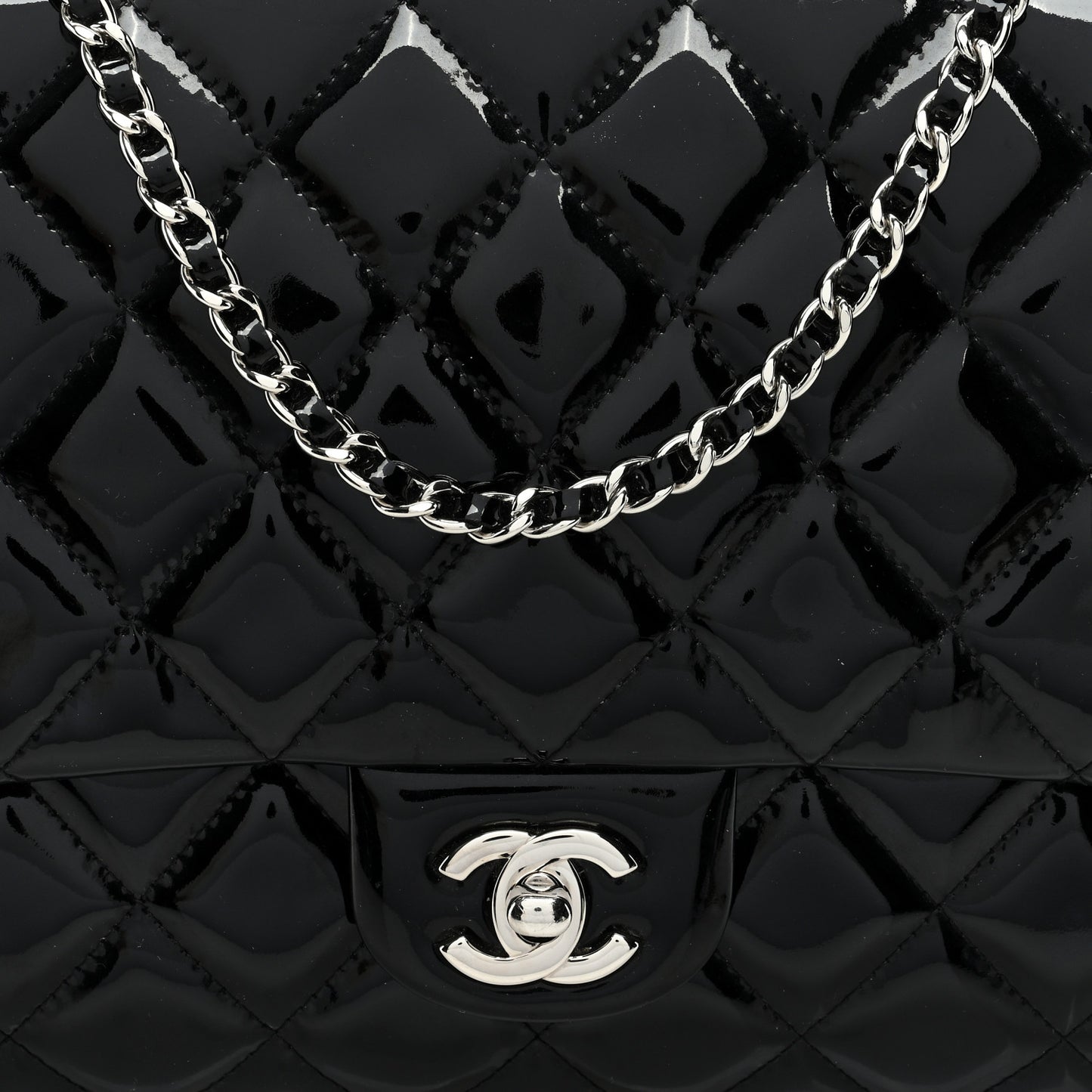 Patent Quilted Clutch with Chain Flap Black