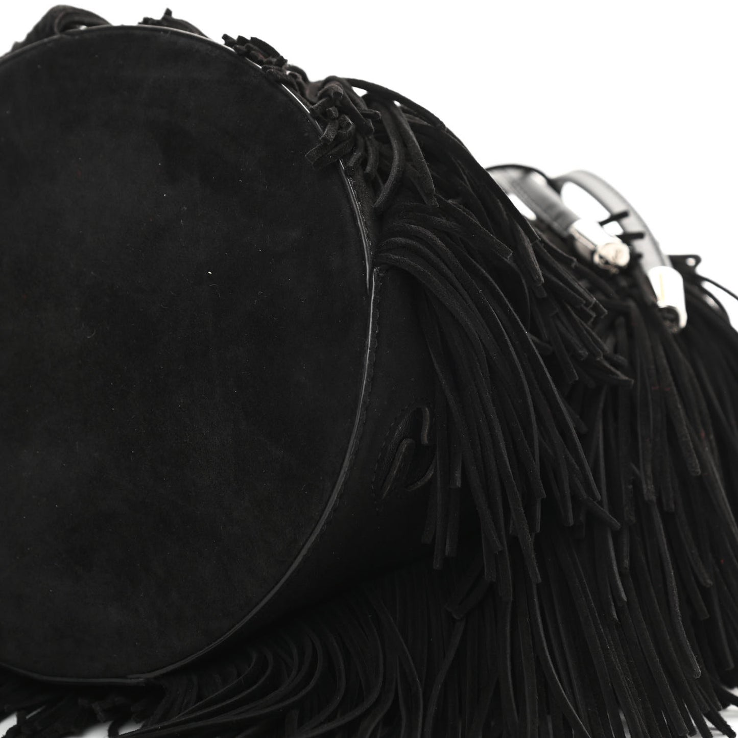 Suede Calfskin Fringe Marie Jane Bucket Black