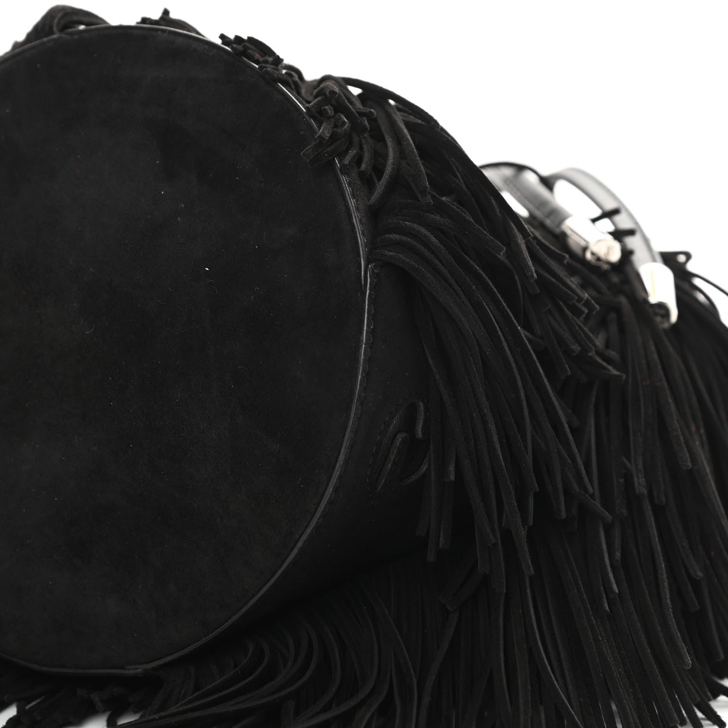 Christian Louboutin Suede Calfskin Fringe Marie Jane Bucket Black 9 of 12