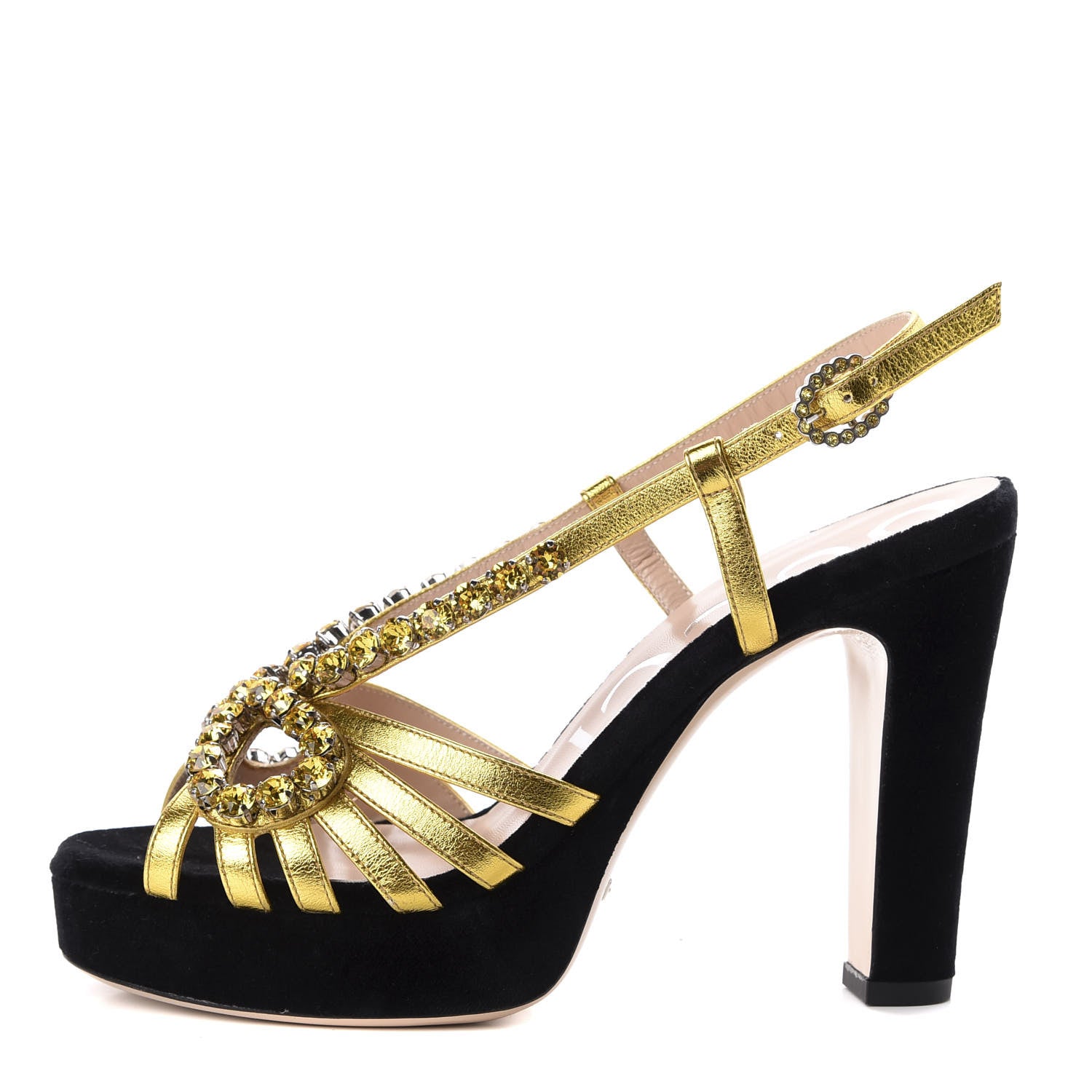 Gucci Velvet Nappa Crystal Zephyra Slingback Platform High Heel Sandals 36 Black Gold 1 of 9