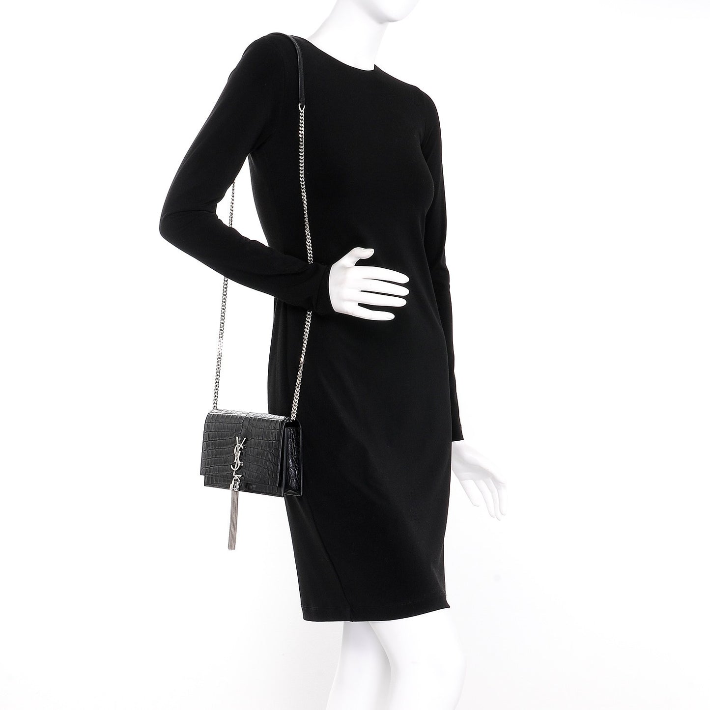 Calfskin Crocodile Embossed Kate Monogram Tassel Chain Wallet Black