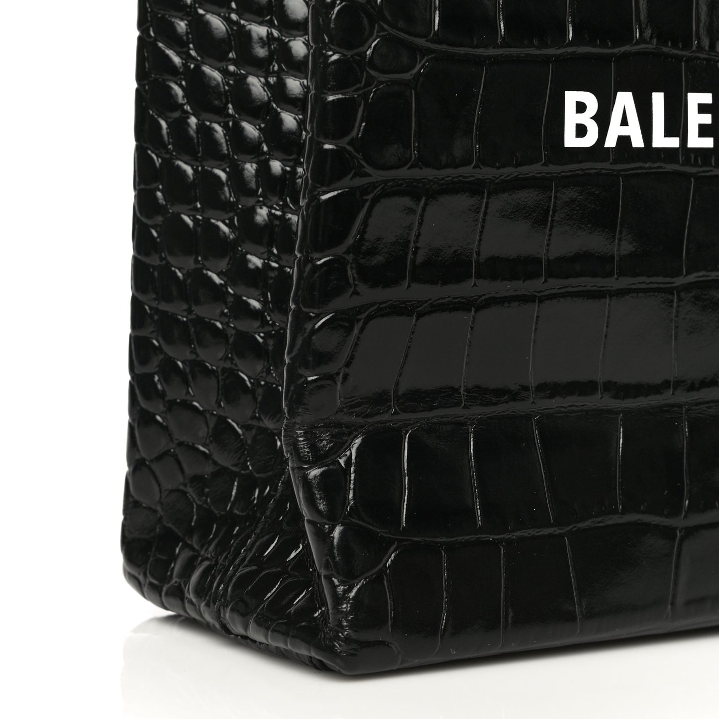 Shiny Calfskin Logo Crocodile Embossed North South Shopper Tote XXS Black White