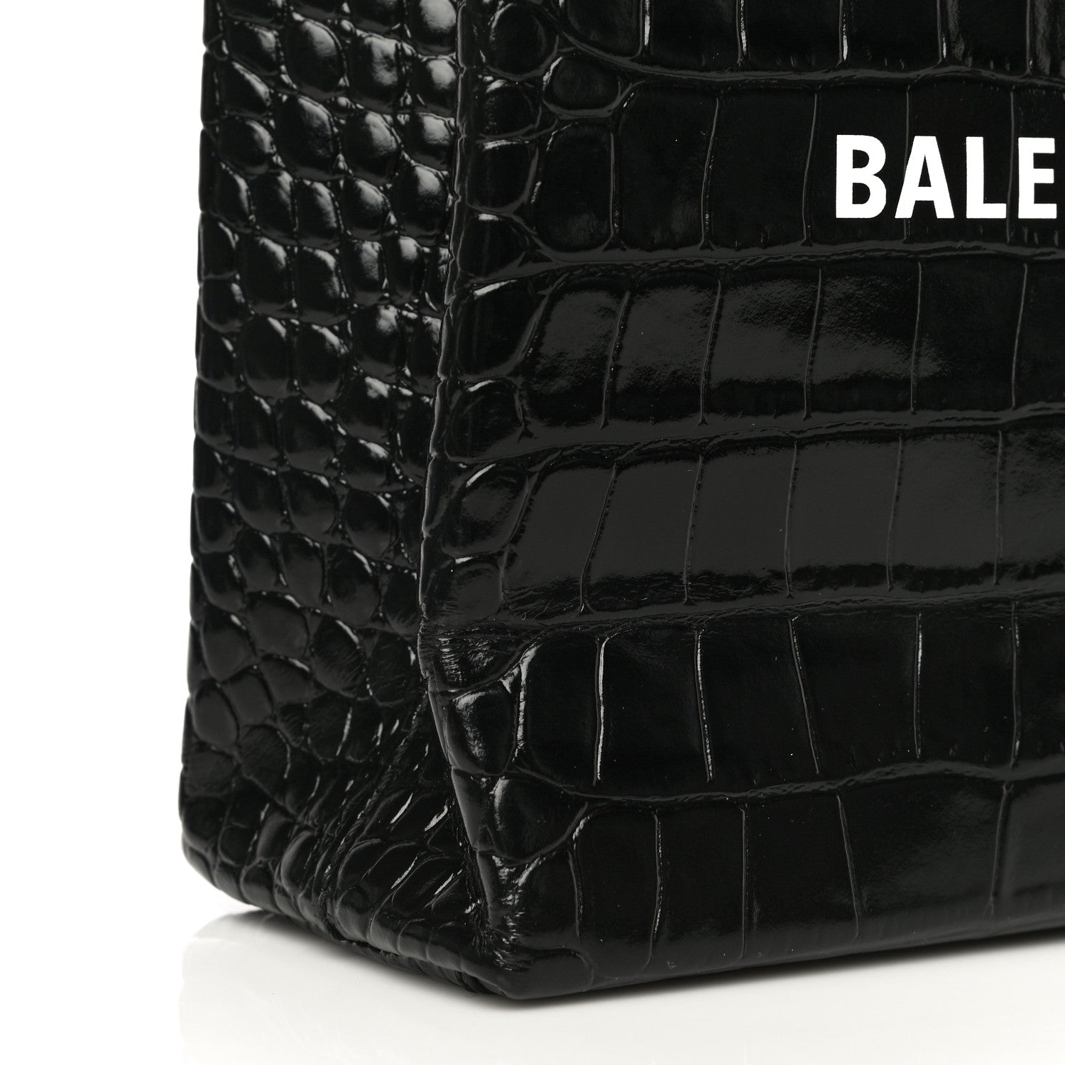 Balenciaga Shiny Calfskin Logo Crocodile Embossed North South Shopper Tote XXS Black White 7 of 12