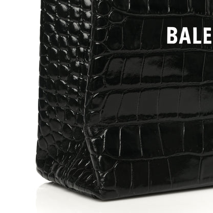 Balenciaga Shiny Calfskin Logo Crocodile Embossed North South Shopper Tote XXS Black White 7 of 12
