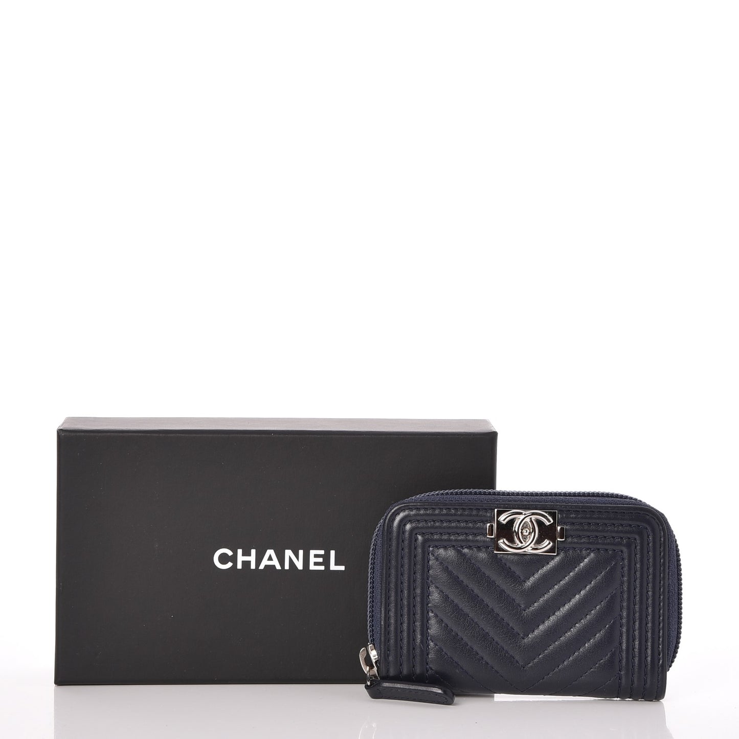 Calfskin Chevron Zip Around Boy Coin Purse Wallet Dark Navy